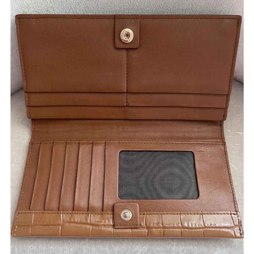 Furla Alligator Embossed Leather Slim Wallet in Cognac, Snap Closure
